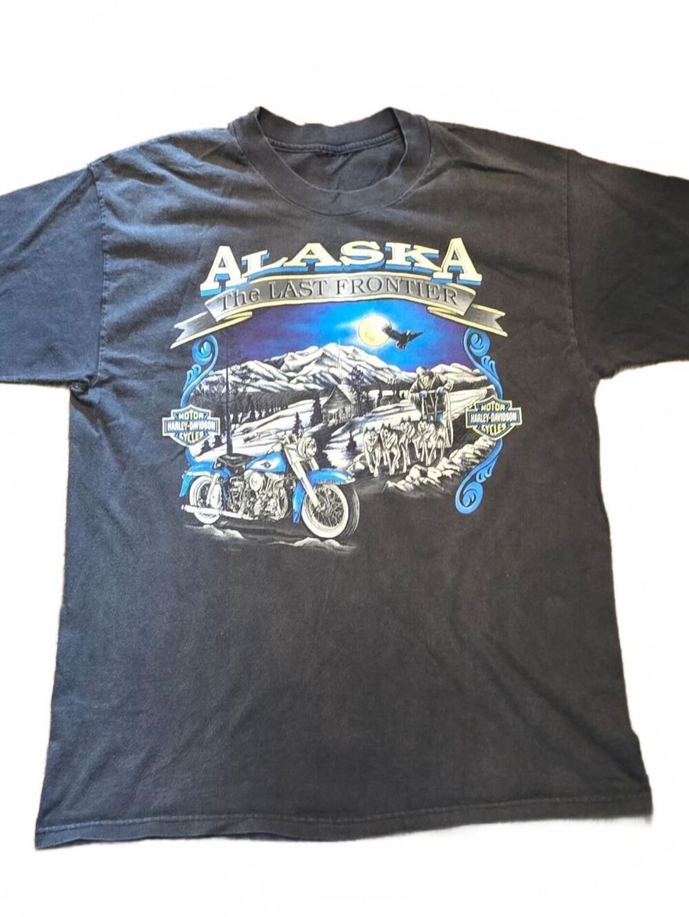 Vintage Harley Davidson Alaska The Last Frontier T Shirt Men’s L Black Faded